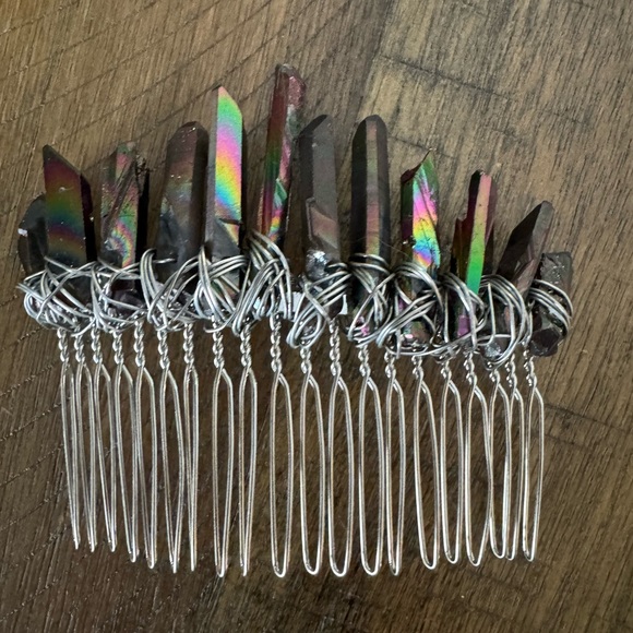 Wire Wrapped Smoky Rainbow Quartz Crystal Handmade Hair Comb - Picture 2 of 4